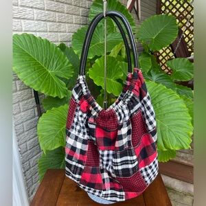 Vintage flannel left red and white checked hobo style vegan leather handle bag